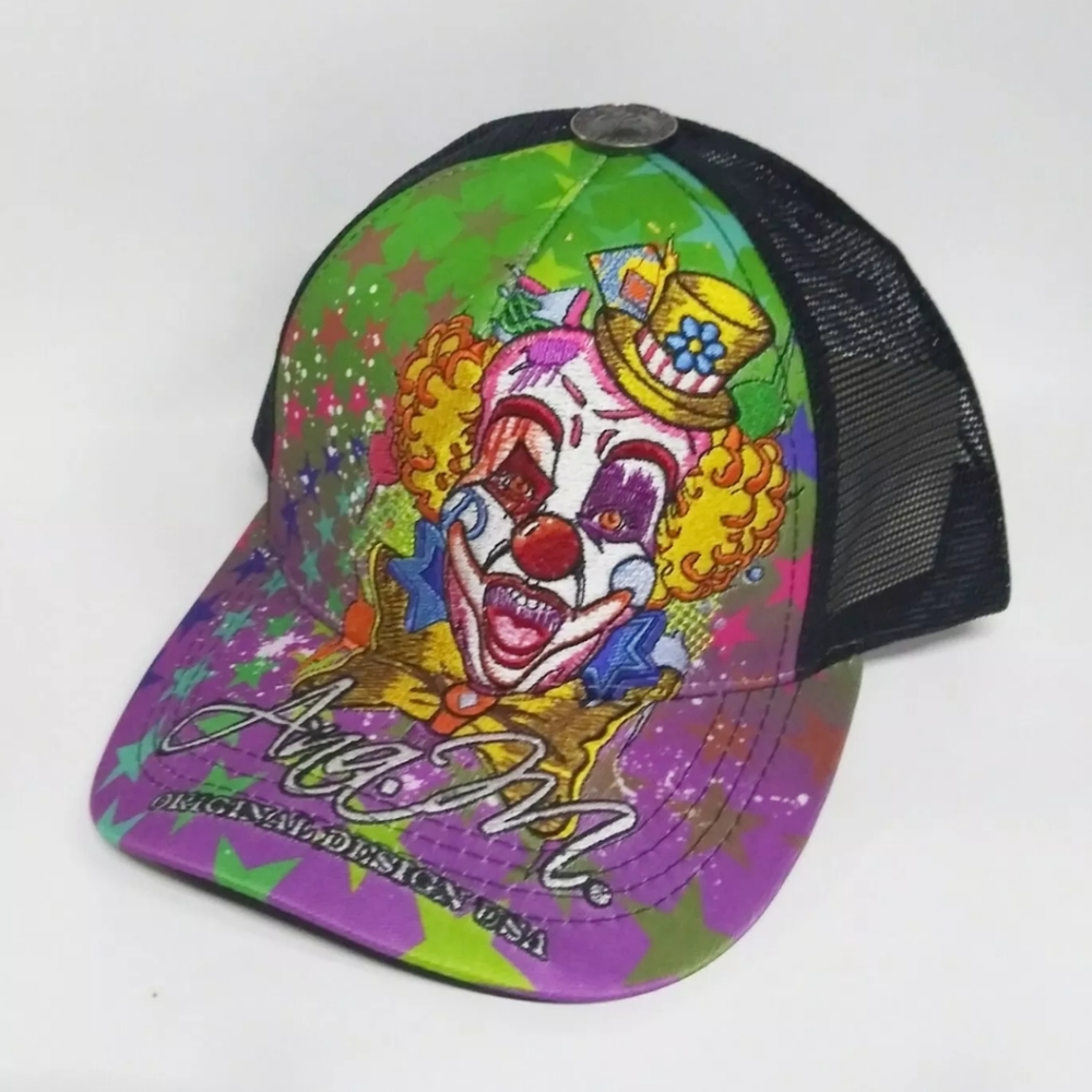 Ana M Truckers Hat Clown Print Neon Green Pink